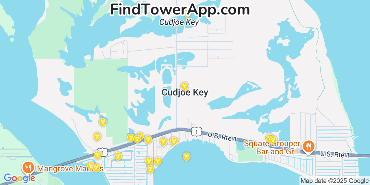 Map showing the 20 primary cell tower locations detected in Cudjoe Key, Florida from AT&T, Verizon, and T-Mobile networks