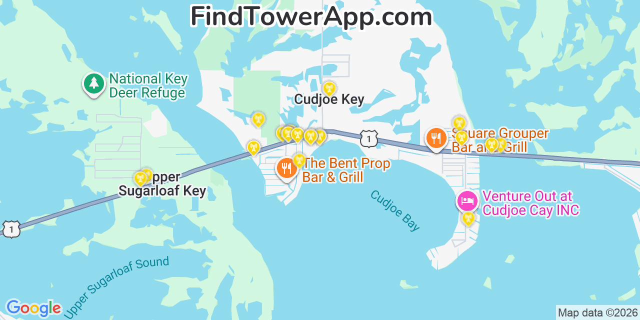 Map showing the 20 primary cell tower locations detected in Cudjoe Key, Florida from AT&T, Verizon, and T-Mobile networks