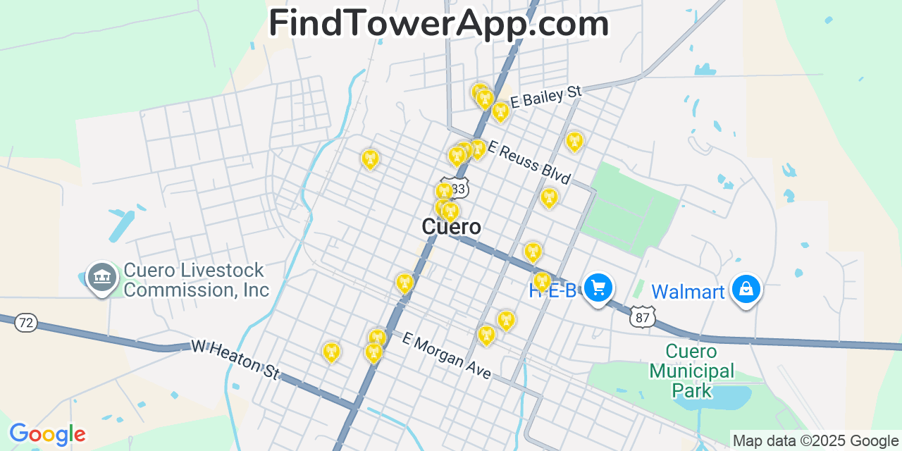 Map showing the 20 primary cell tower locations detected in Cuero, Texas from AT&T, Verizon, and T-Mobile networks
