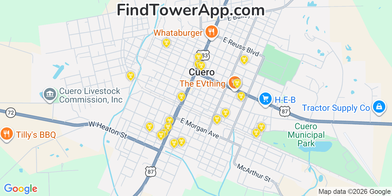 Map showing the 20 primary cell tower locations detected in Cuero, Texas from AT&T, Verizon, and T-Mobile networks