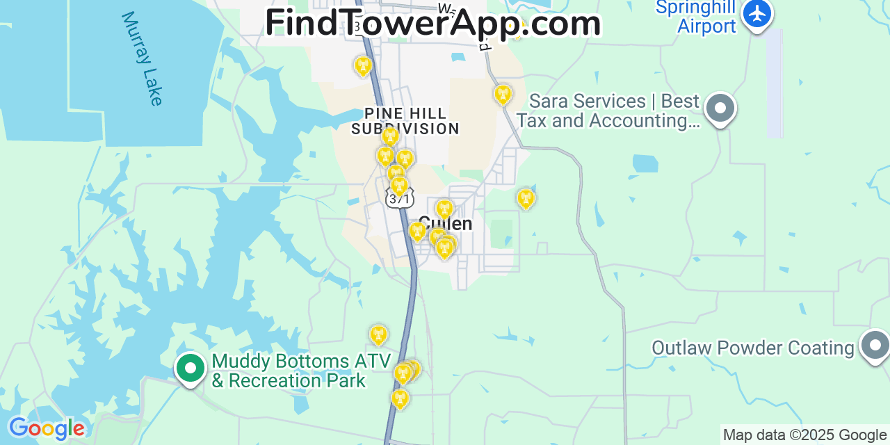 Map showing the 20 primary cell tower locations detected in Cullen, Louisiana from AT&T, Verizon, and T-Mobile networks