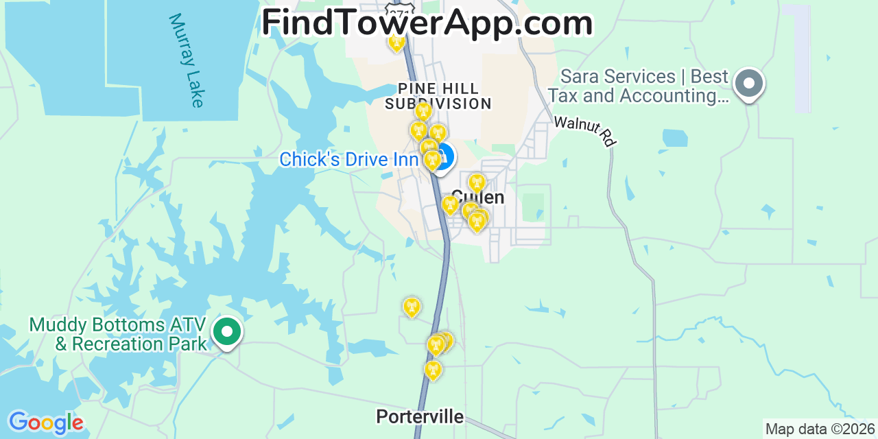 Map showing the 20 primary cell tower locations detected in Cullen, Louisiana from AT&T, Verizon, and T-Mobile networks