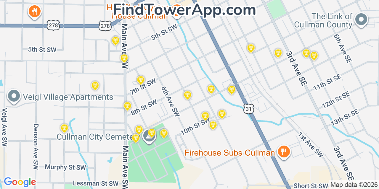 Map showing the 20 primary cell tower locations detected in Cullman, Alabama from AT&T, Verizon, and T-Mobile networks