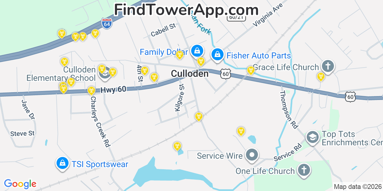 Map showing the 20 primary cell tower locations detected in Culloden, West Virginia from AT&T, Verizon, and T-Mobile networks