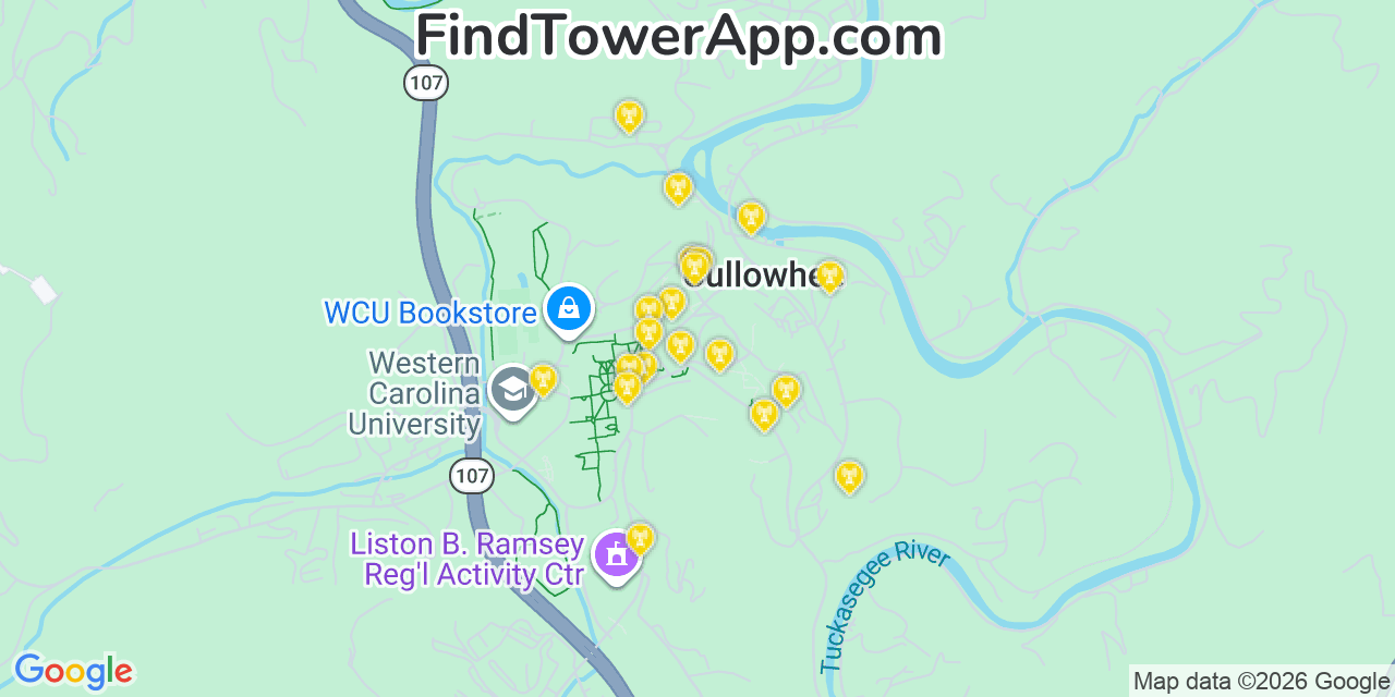 Map showing the 20 primary cell tower locations detected in Cullowhee, North Carolina from AT&T, Verizon, and T-Mobile networks