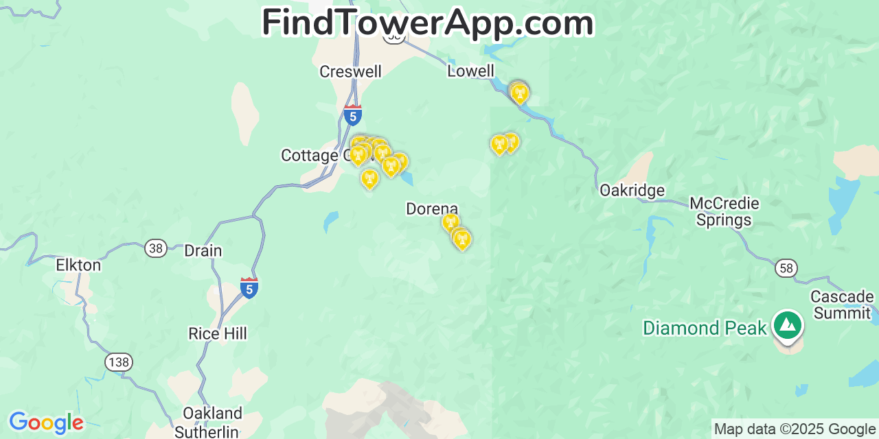 Map showing the 20 primary cell tower locations detected in Culp Creek, Oregon from AT&T, Verizon, and T-Mobile networks