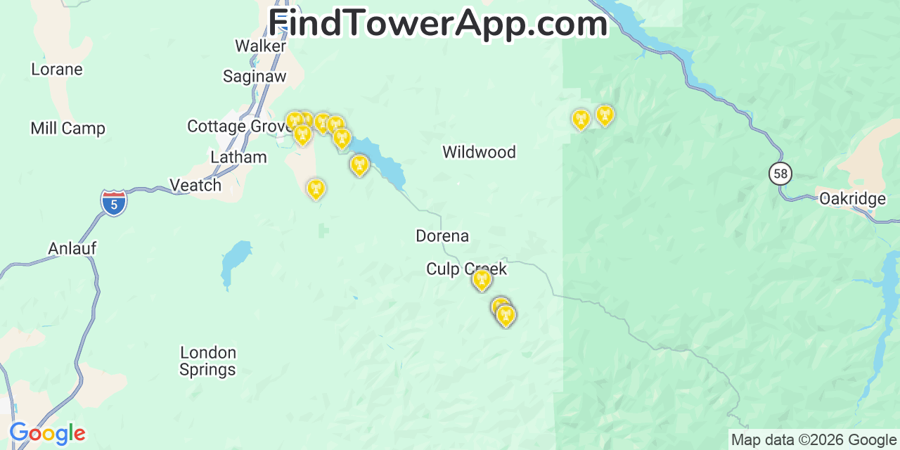 Map showing the 20 primary cell tower locations detected in Culp Creek, Oregon from AT&T, Verizon, and T-Mobile networks