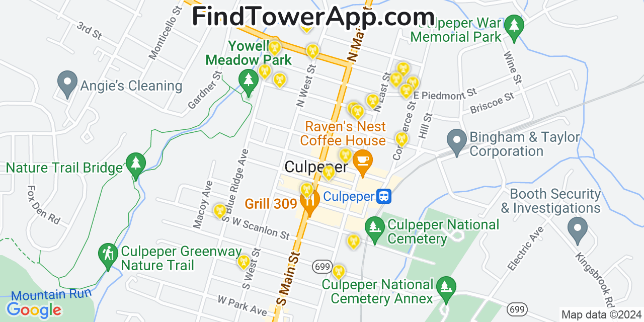 AT&T 4G/5G cell tower coverage map Culpeper, Virginia