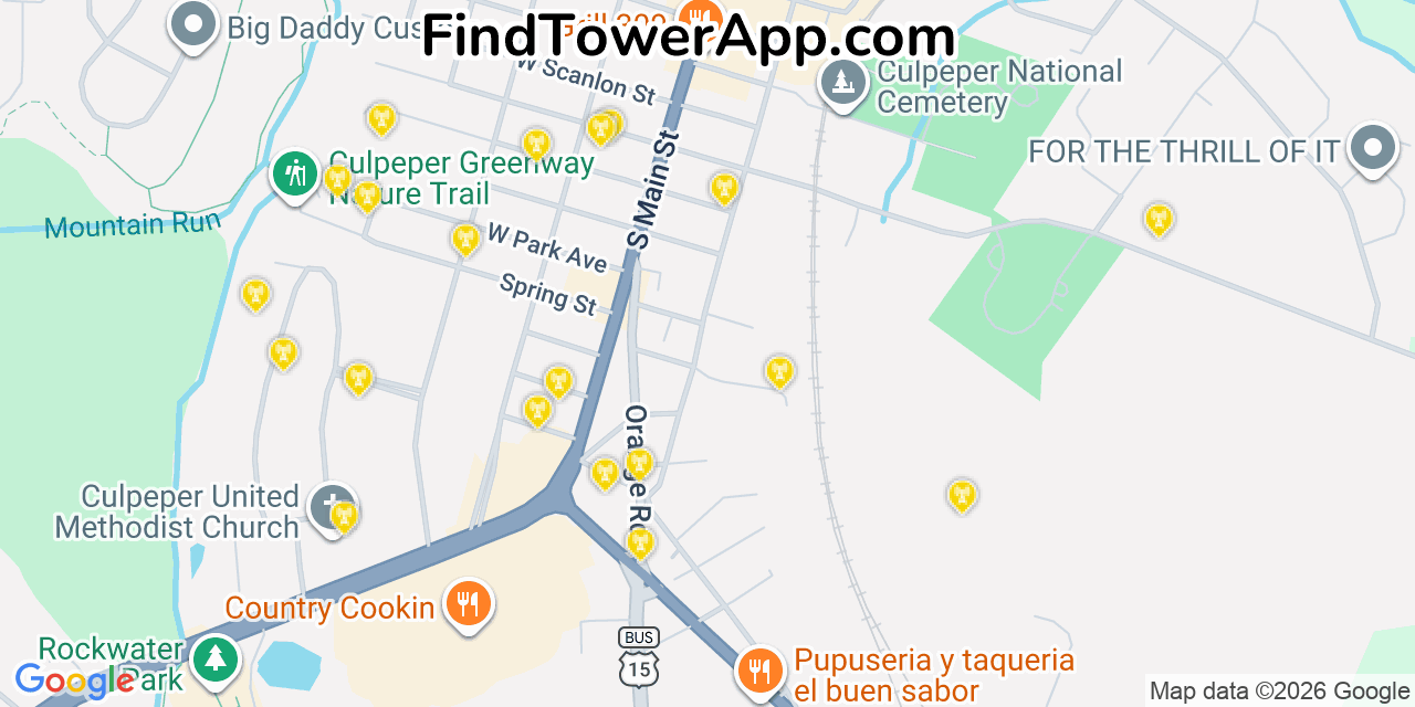 Map showing the 20 primary cell tower locations detected in Culpeper, Virginia from AT&T, Verizon, and T-Mobile networks