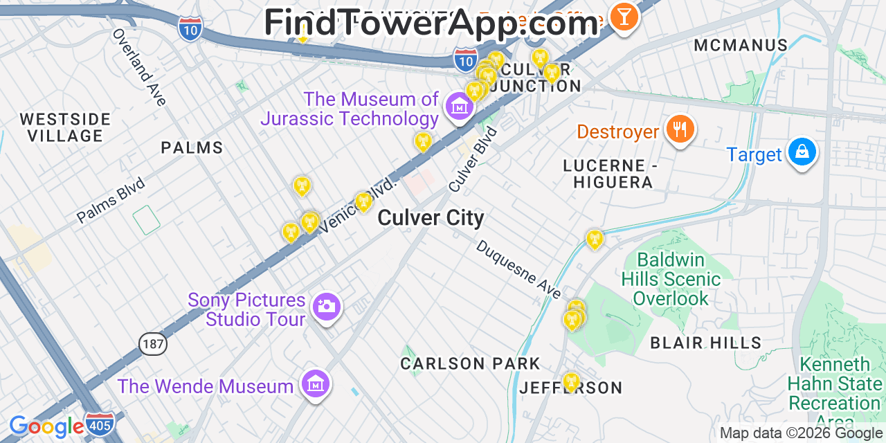 Map showing the 20 primary cell tower locations detected in Culver City, California from AT&T, Verizon, and T-Mobile networks