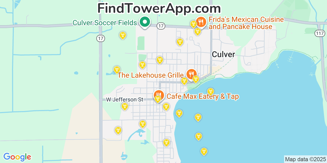 Map showing the 20 primary cell tower locations detected in Culver, Indiana from AT&T, Verizon, and T-Mobile networks