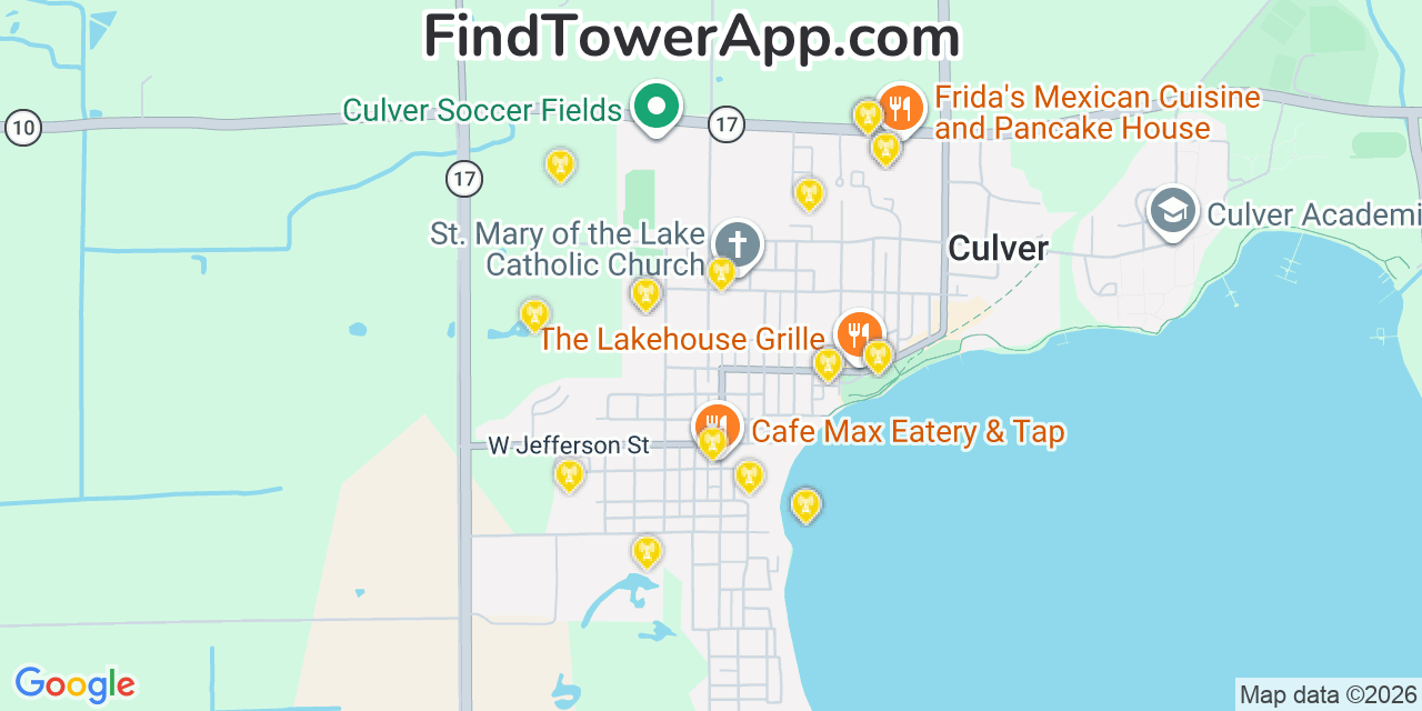 Map showing the 20 primary cell tower locations detected in Culver, Indiana from AT&T, Verizon, and T-Mobile networks