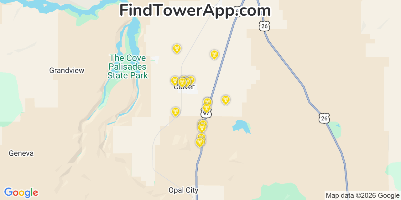 Map showing the 20 primary cell tower locations detected in Culver, Oregon from AT&T, Verizon, and T-Mobile networks