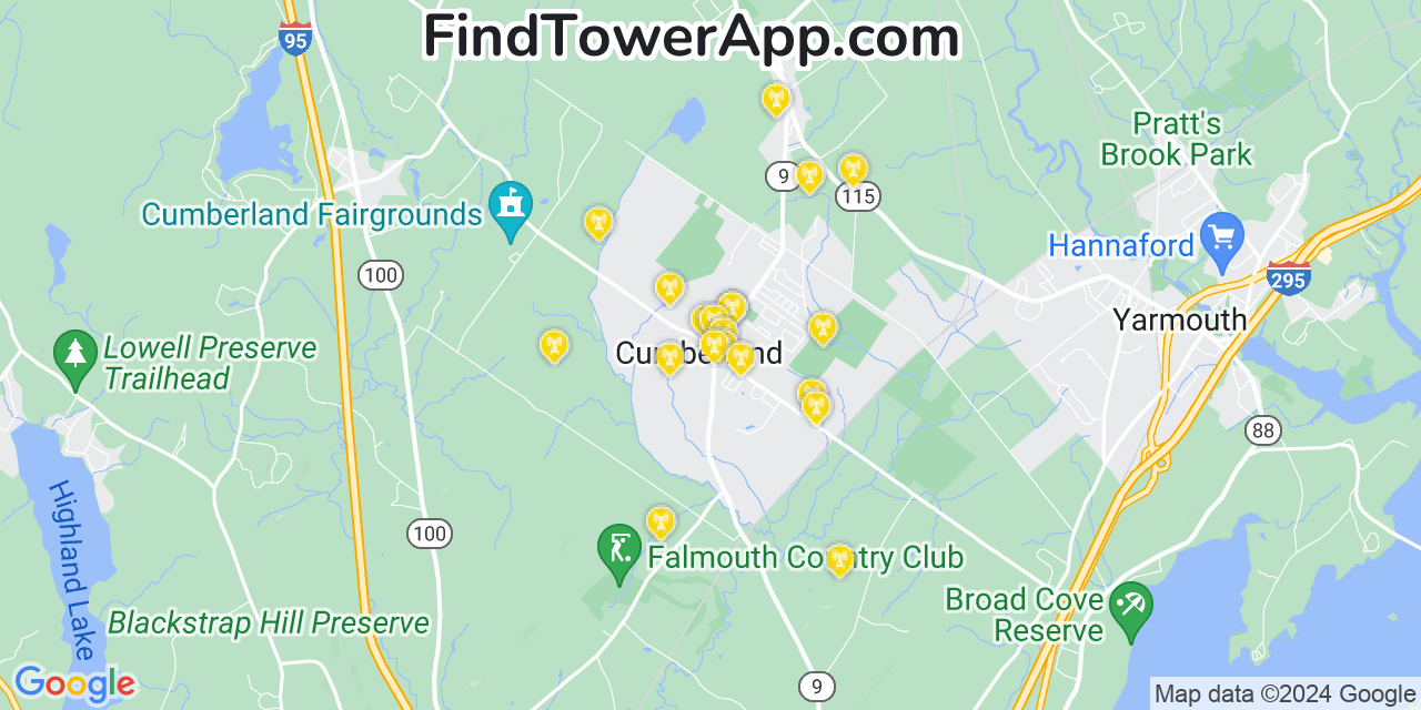 AT&T 4G/5G cell tower coverage map Cumberland Center, Maine