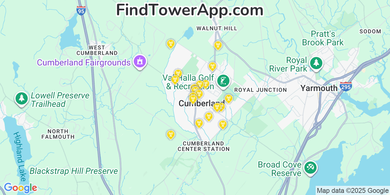 Map showing the 20 primary cell tower locations detected in Cumberland Center, Maine from AT&T, Verizon, and T-Mobile networks