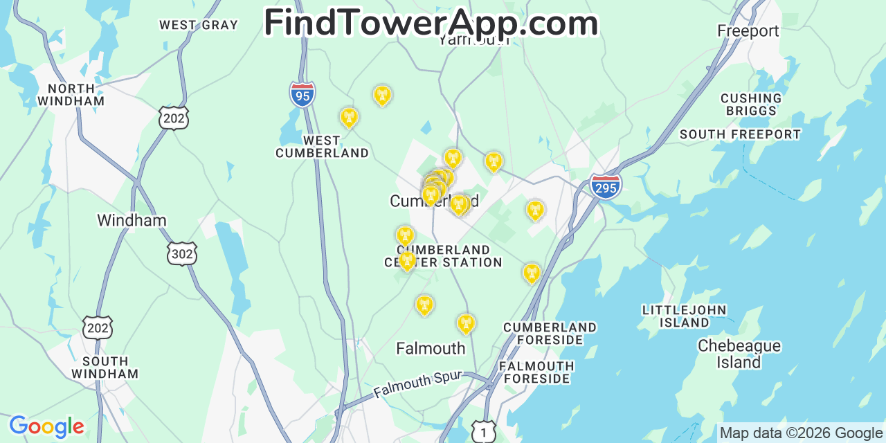 Map showing the 20 primary cell tower locations detected in Cumberland Center, Maine from AT&T, Verizon, and T-Mobile networks