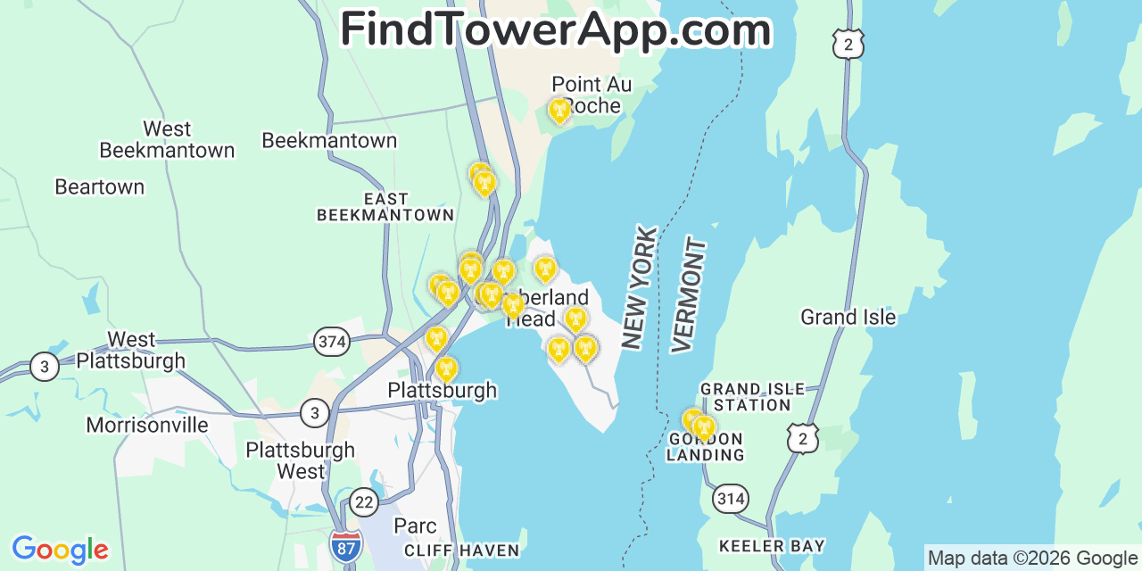 Map showing the 20 primary cell tower locations detected in Cumberland Head, New York from AT&T, Verizon, and T-Mobile networks