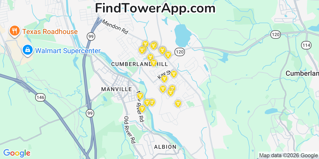 Map showing the 20 primary cell tower locations detected in Cumberland Hill, Rhode Island from AT&T, Verizon, and T-Mobile networks