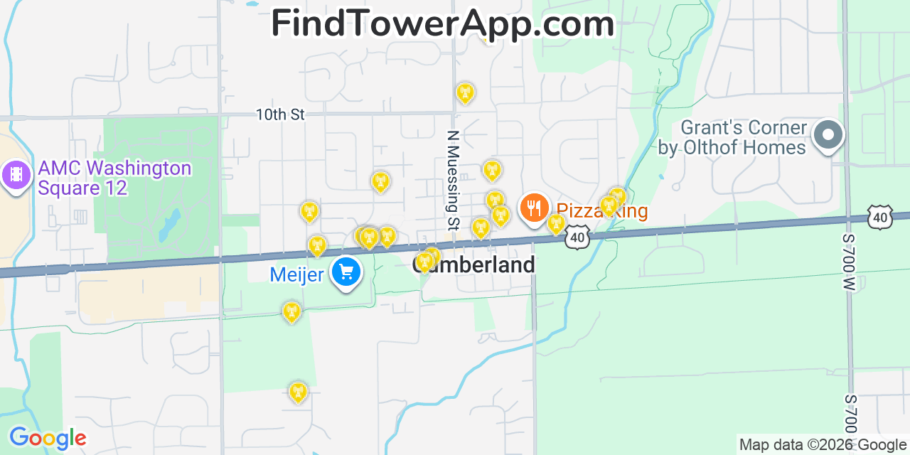 Map showing the 20 primary cell tower locations detected in Cumberland, Indiana from AT&T, Verizon, and T-Mobile networks