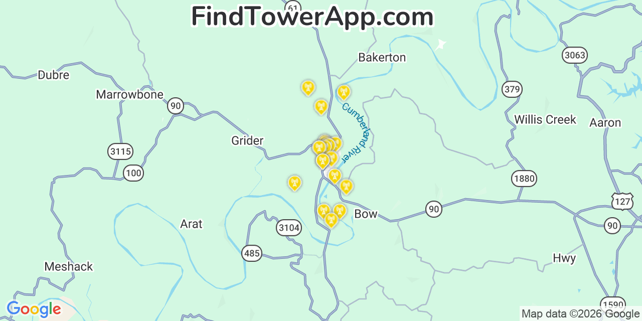 Map showing the 20 primary cell tower locations detected in Cumberland, Kentucky from AT&T, Verizon, and T-Mobile networks