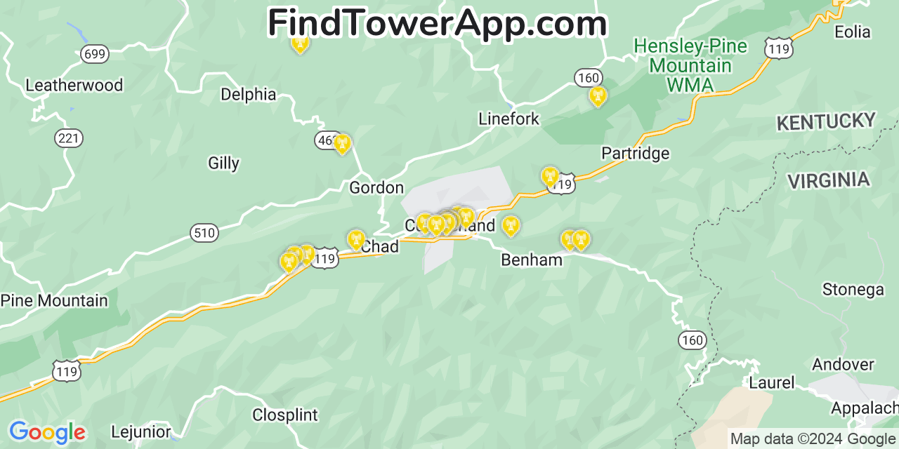 Verizon 4G/5G cell tower coverage map Cumberland, Kentucky