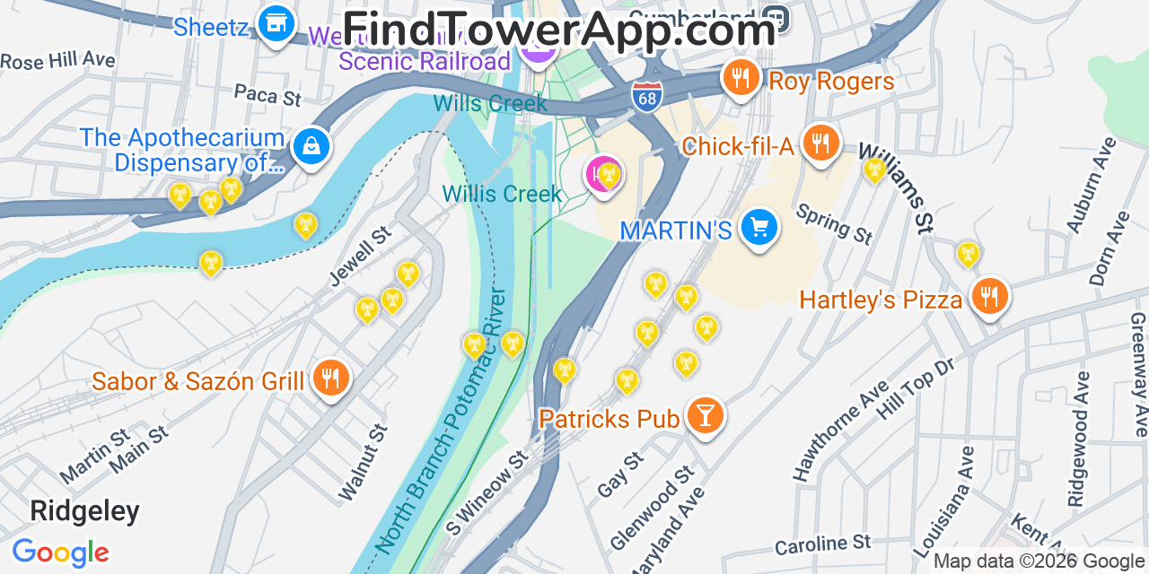 Map showing the 20 primary cell tower locations detected in Cumberland, Maryland from AT&T, Verizon, and T-Mobile networks