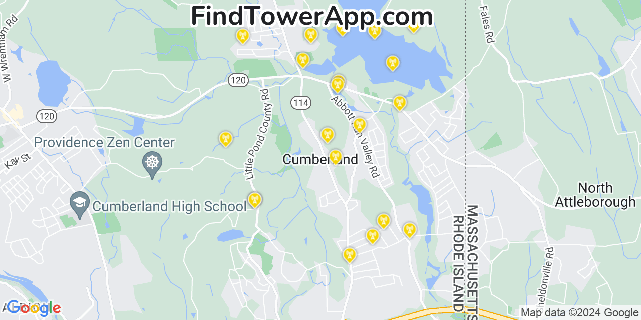 AT&T 4G/5G cell tower coverage map Cumberland, Rhode Island