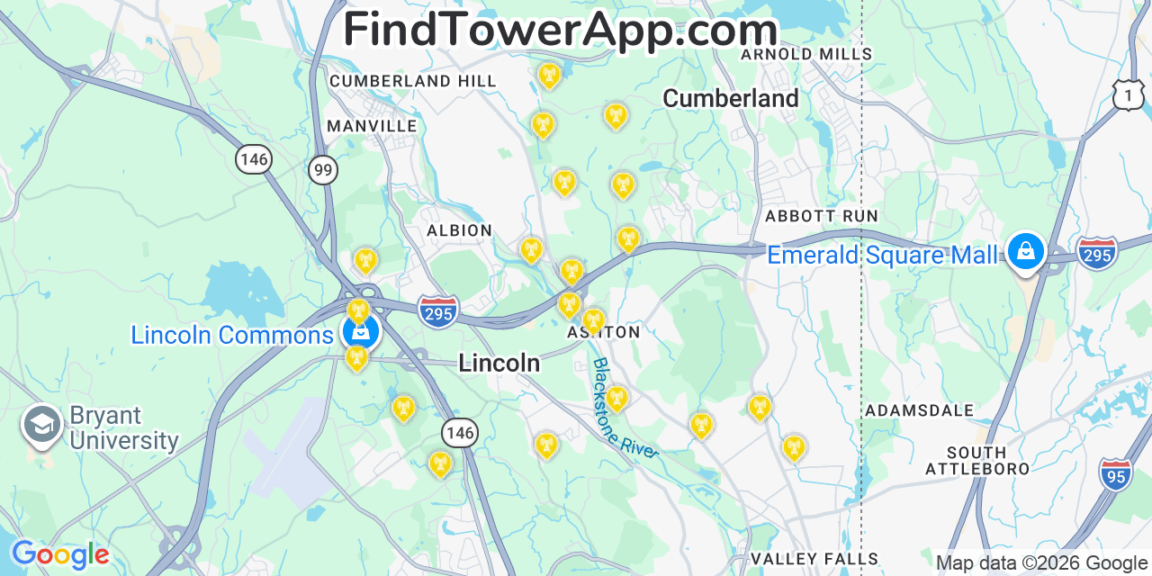 Map showing the 20 primary cell tower locations detected in Cumberland, Rhode Island from AT&T, Verizon, and T-Mobile networks