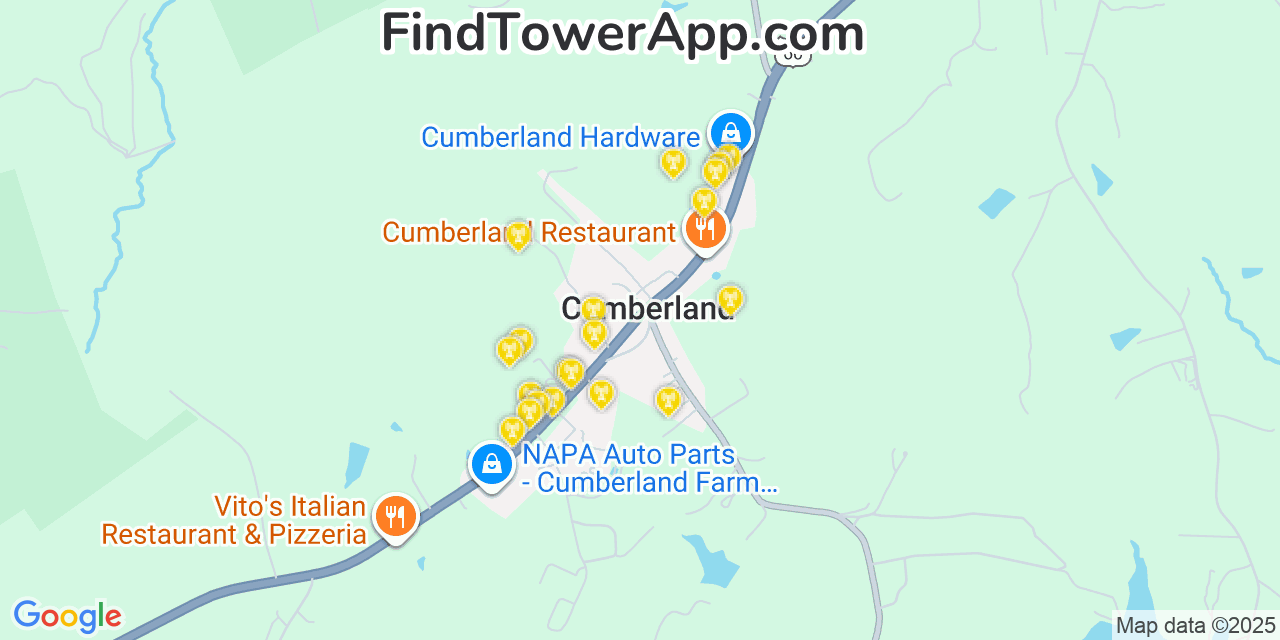 Map showing the 20 primary cell tower locations detected in Cumberland, Virginia from AT&T, Verizon, and T-Mobile networks