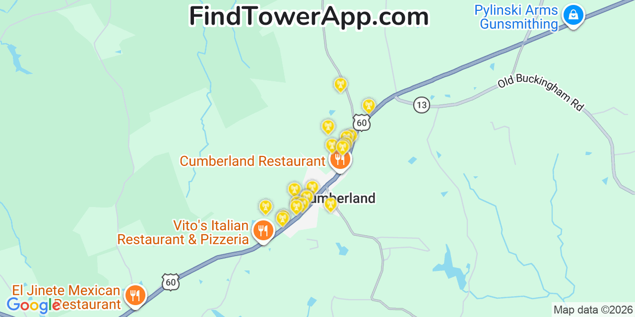 Map showing the 20 primary cell tower locations detected in Cumberland, Virginia from AT&T, Verizon, and T-Mobile networks