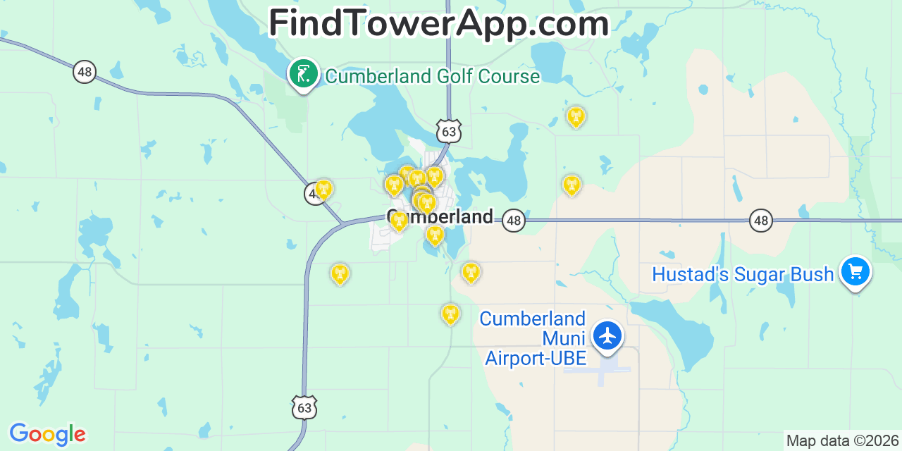 Map showing the 20 primary cell tower locations detected in Cumberland, Wisconsin from AT&T, Verizon, and T-Mobile networks