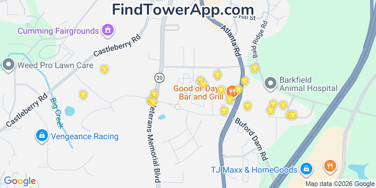 Map showing the 20 primary cell tower locations detected in Cumming, Georgia from AT&T, Verizon, and T-Mobile networks