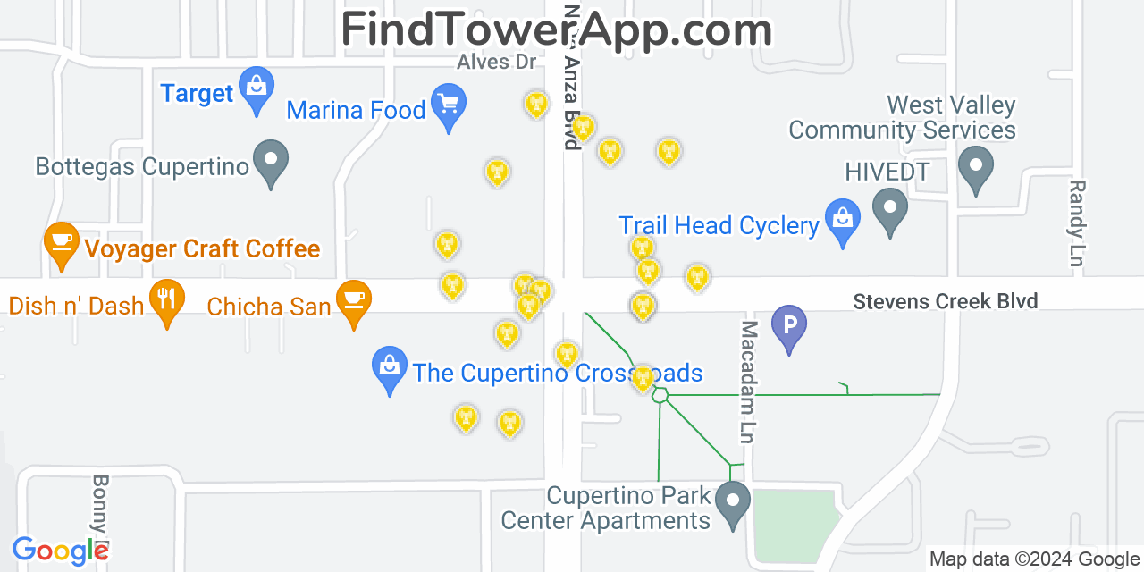 AT&T 4G/5G cell tower coverage map Cupertino, California