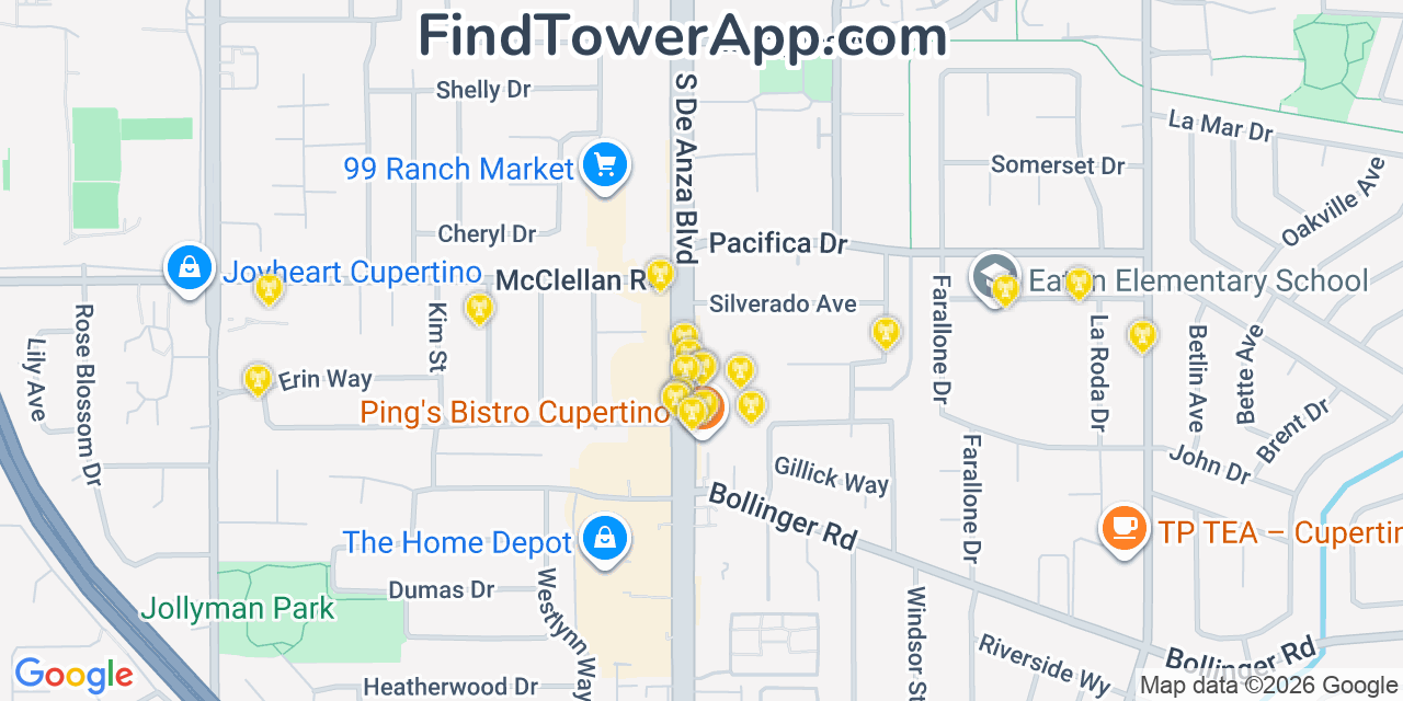 Map showing the 20 primary cell tower locations detected in Cupertino, California from AT&T, Verizon, and T-Mobile networks