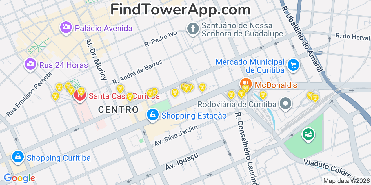 Map showing the 20 primary Brasil Telecom cell tower locations in Curitiba, Brazil