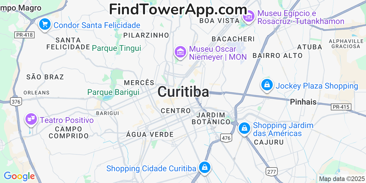 Map showing the 0 primary Local cell tower locations detected in Curitiba, Brazil with coverage radius and signal strength indicators