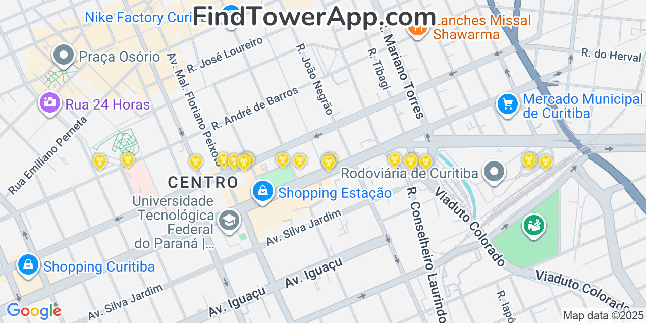 Map showing the 20 primary cell tower locations detected in Curitiba, Brazil with coverage areas and signal strength