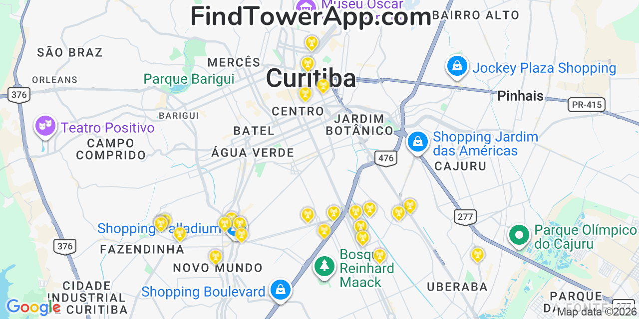 Map showing the 24 primary NII Holdings cell tower locations in Curitiba, Brazil