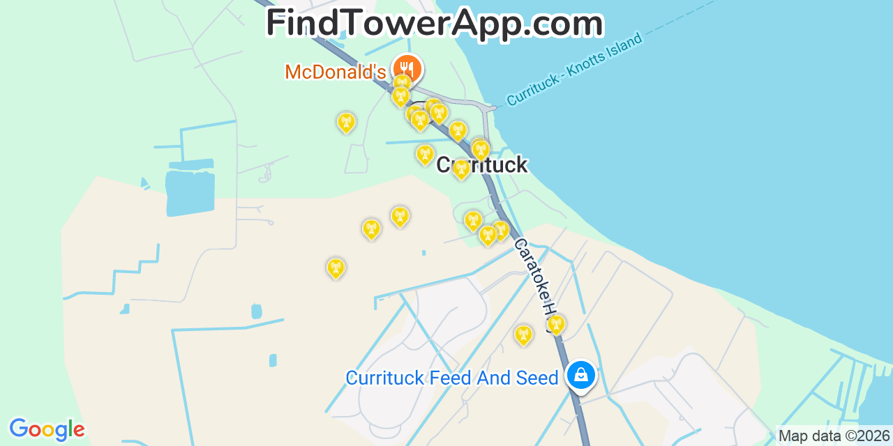 Map showing the 20 primary cell tower locations detected in Currituck, North Carolina from AT&T, Verizon, and T-Mobile networks