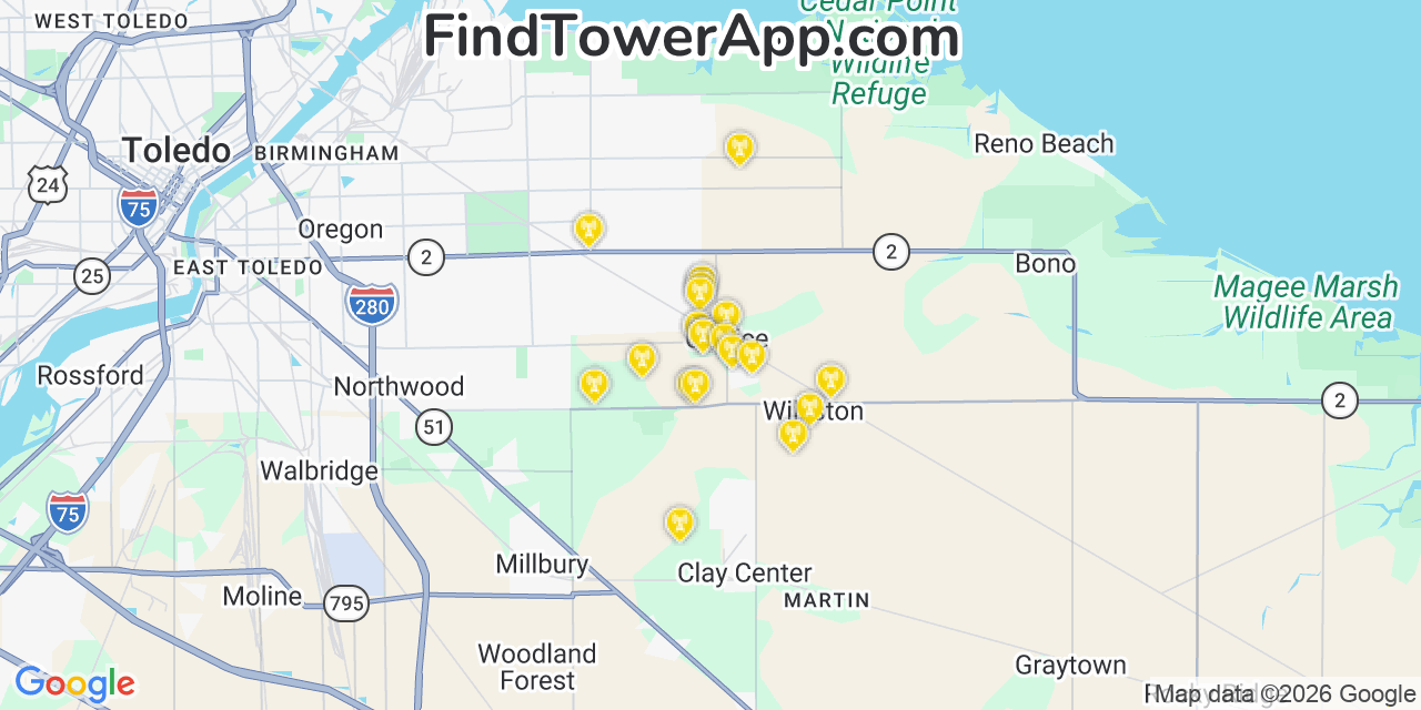 Map showing the 20 primary cell tower locations detected in Curtice, Ohio from AT&T, Verizon, and T-Mobile networks