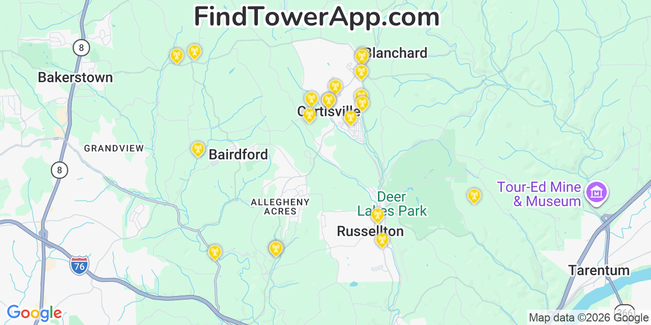 Map showing the 20 primary cell tower locations detected in Curtisville, Pennsylvania from AT&T, Verizon, and T-Mobile networks