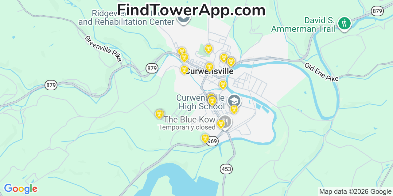 Map showing the 20 primary cell tower locations detected in Curwensville, Pennsylvania from AT&T, Verizon, and T-Mobile networks