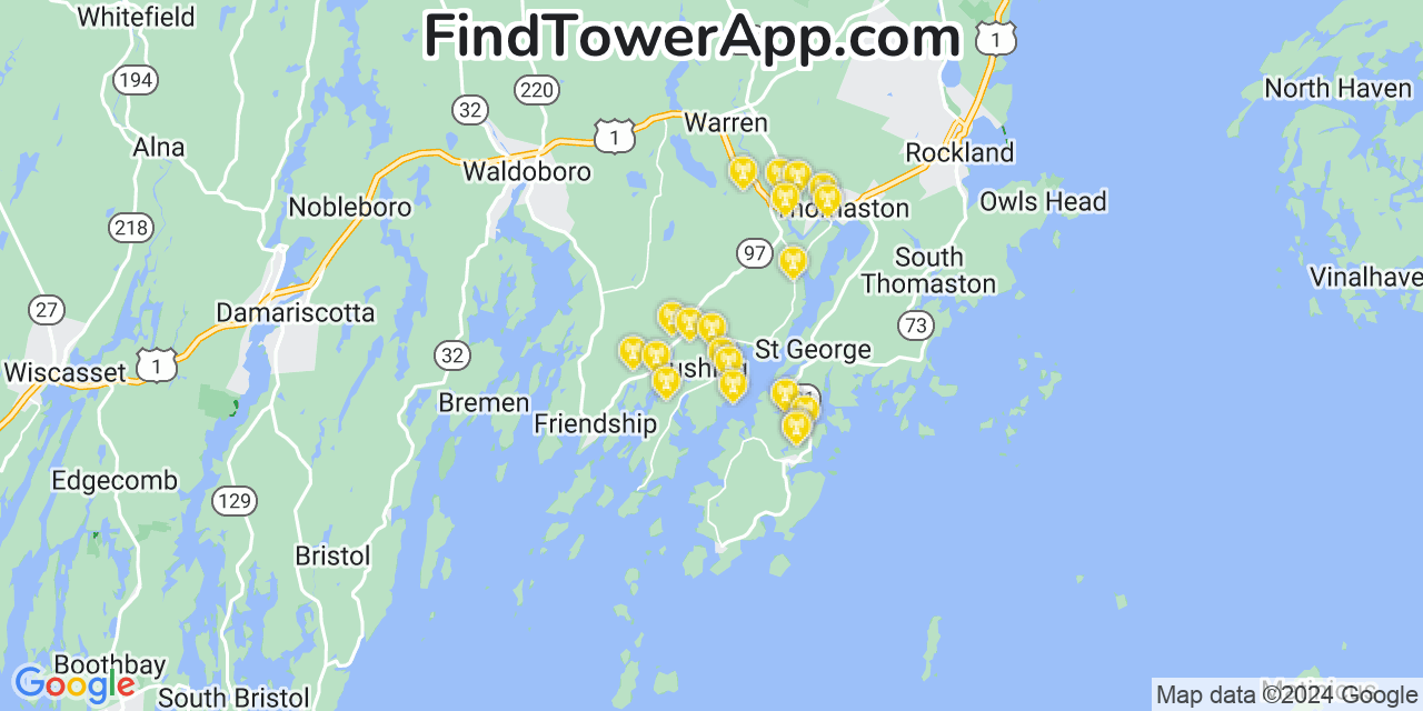 AT&T 4G/5G cell tower coverage map Cushing, Maine