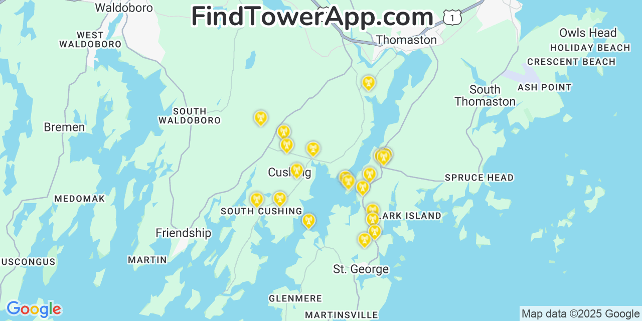 Map showing the 20 primary cell tower locations detected in Cushing, Maine from AT&T, Verizon, and T-Mobile networks