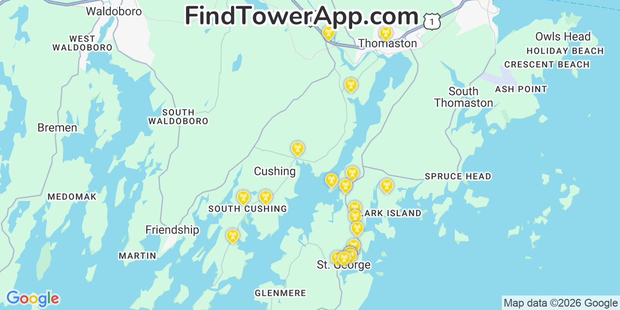 Map showing the 20 primary cell tower locations detected in Cushing, Maine from AT&T, Verizon, and T-Mobile networks