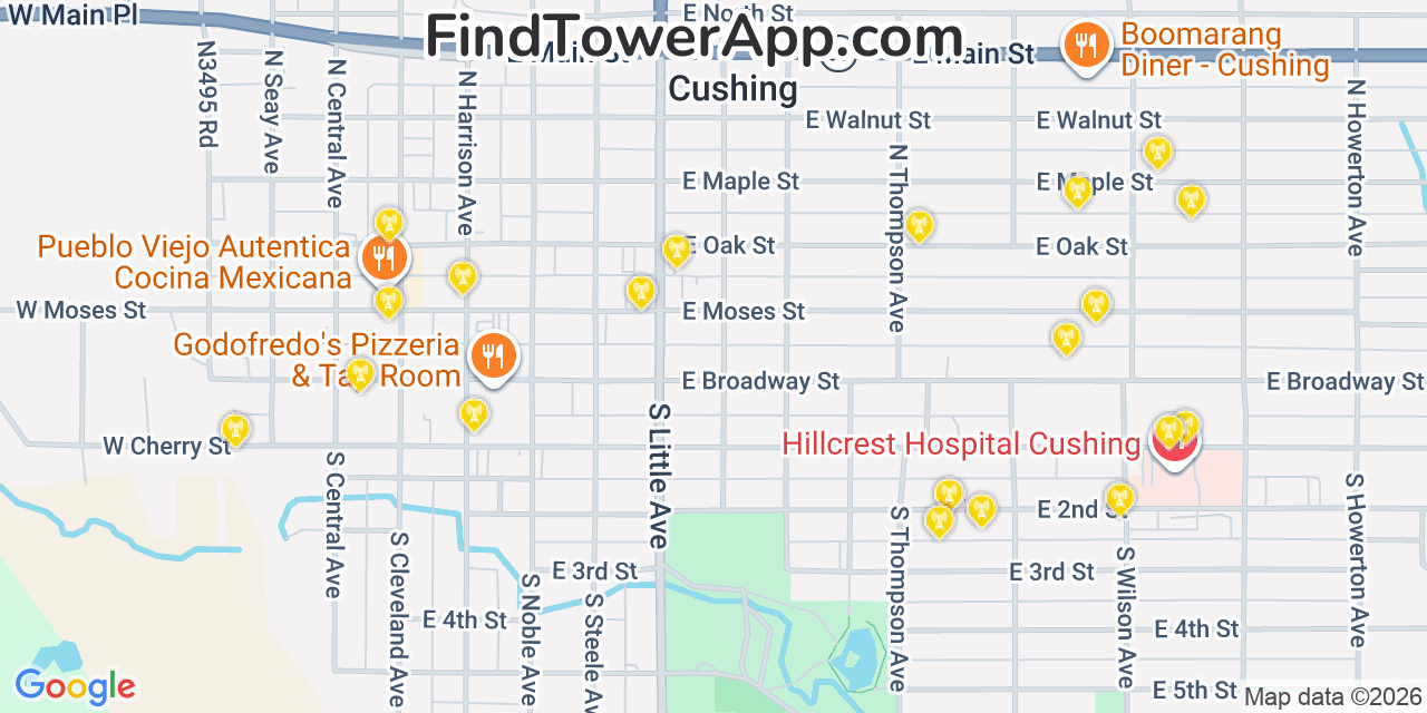 Map showing the 20 primary cell tower locations detected in Cushing, Oklahoma from AT&T, Verizon, and T-Mobile networks