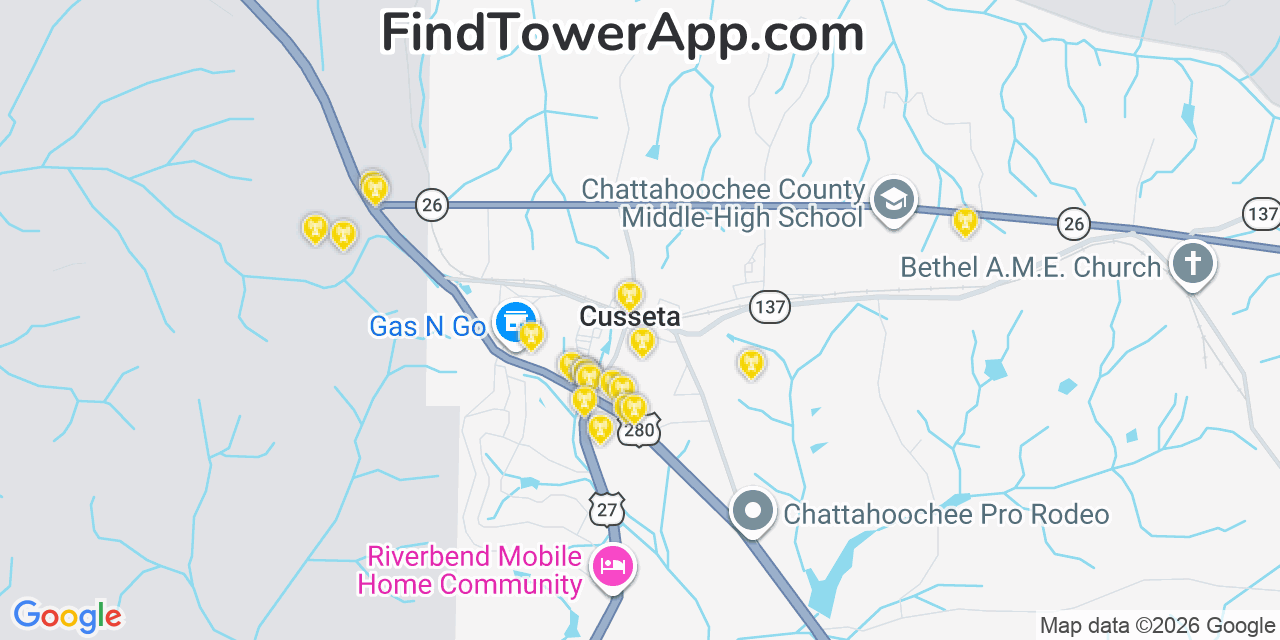 Map showing the 20 primary cell tower locations detected in Cusseta, Georgia from AT&T, Verizon, and T-Mobile networks