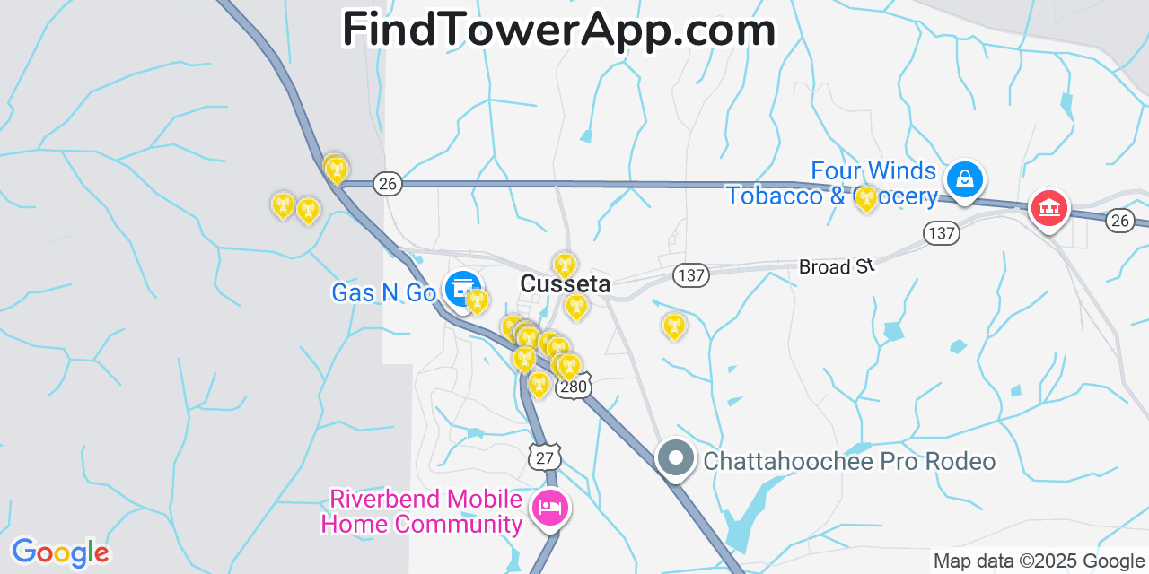 Map showing the 20 primary Mobitel cell tower locations detected in Cusseta, Georgia with coverage radius and signal strength indicators