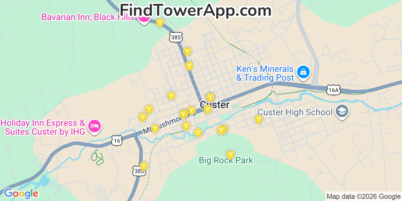 Map showing the 20 primary cell tower locations detected in Custer, South Dakota from AT&T, Verizon, and T-Mobile networks