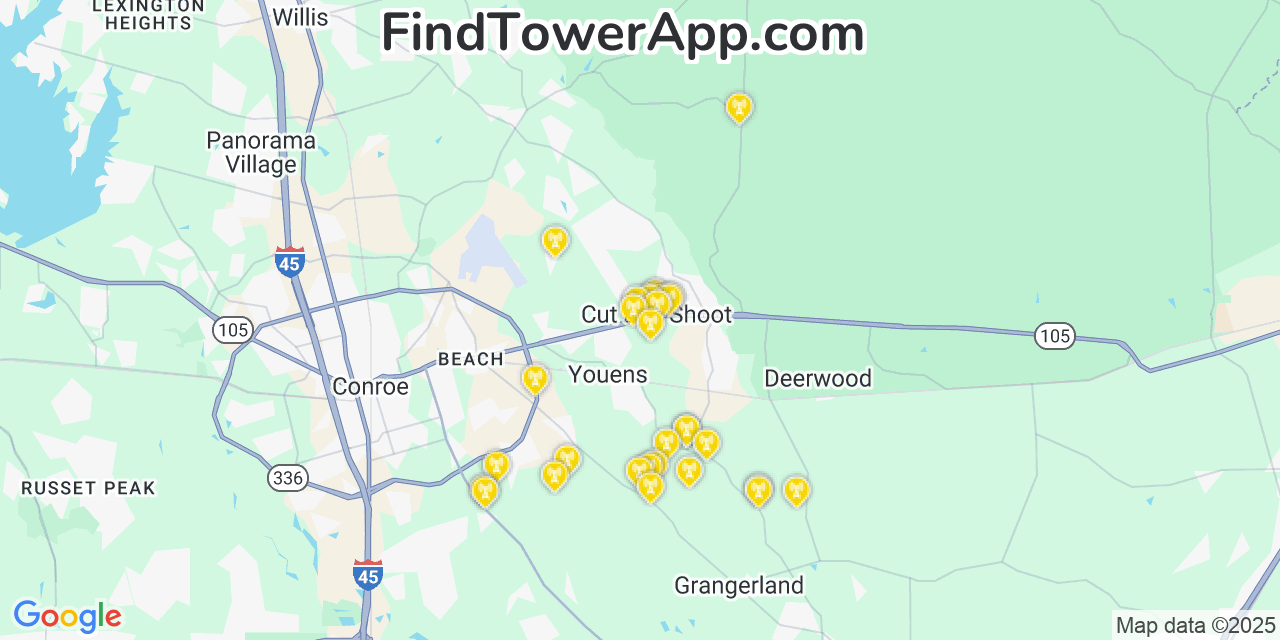 Map showing the 29 primary AT&T cell tower locations detected in Cut And Shoot, Texas with coverage radius and signal strength indicators